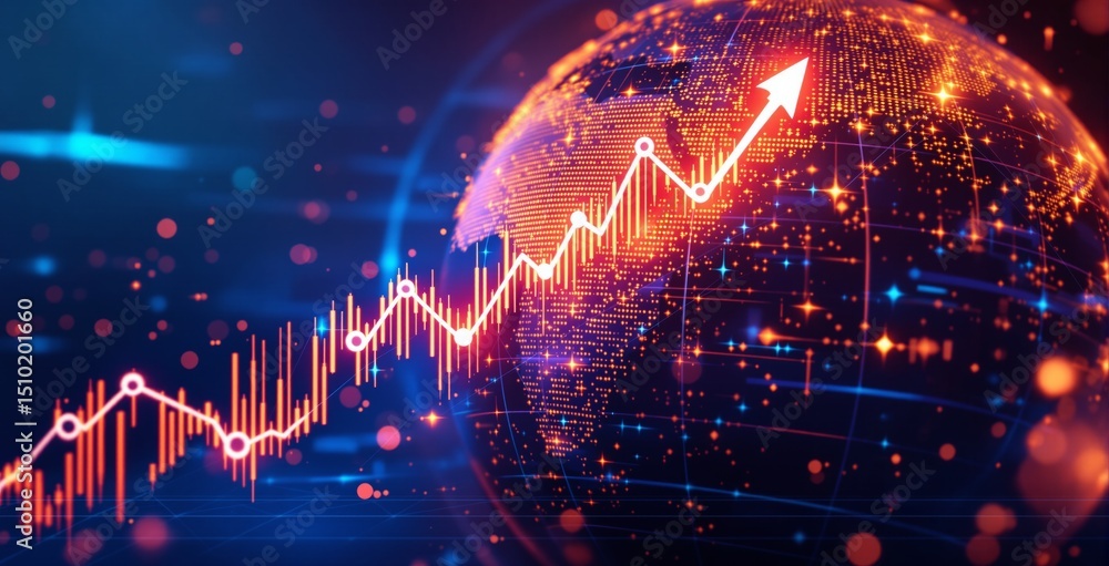 Poster digital globe with glowing data points and rising stock chart arrow, futuristic style on dark backgr