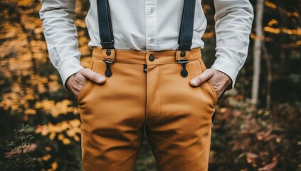 A Bavarian man sports traditional leather trousers, with his hands casually tucked into his pockets, epitomizing German fashion heritage