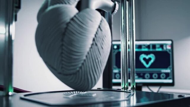 A 3D printer creates a human heart model in a modern laboratory. The setup includes a microscope and a computer displaying heart-related data.