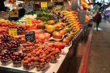 Bustling Market Fresh Fruit Display in Barcelona