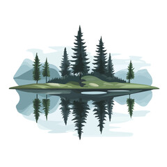 Lake With Reflection 2D flat vector illustration, isolated on a white background.