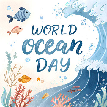 World Ocean Day artistic lettering with fish coral and waves for global marine awareness celebration.