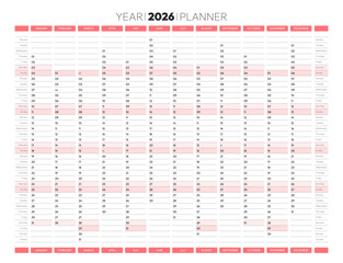 2026 year blank planner calendar for monthly and daily agenda. Red schedule page journal, stationery calendar, organizer, planner template with twelve months