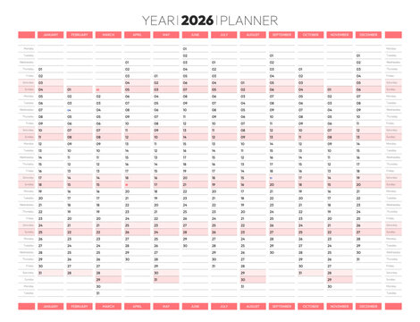 2026 year blank planner calendar for monthly and daily agenda. Red schedule page journal, stationery calendar, organizer, planner template with twelve months