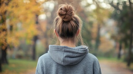 Teen with messy bun and hoodie, back view