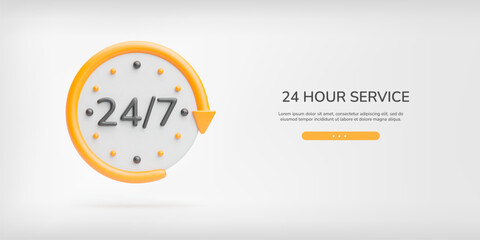 Customer service 3d banner. Realistic white clock face, 24 7 text on center and yellow arrow around. All day working concept. Vector poster of client support, help, working hours on light gray