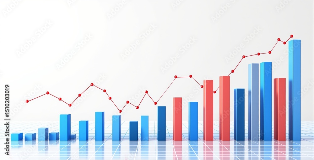 Poster 3d-style colorful bar and line graph showing business growth and market analysis concept on a grid f