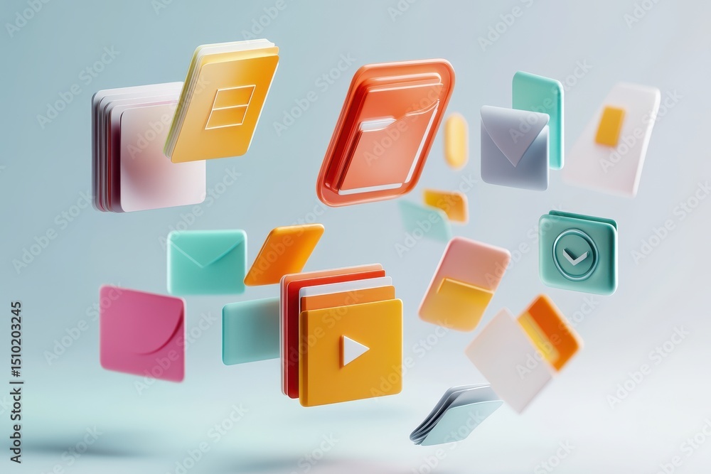 Poster digital world icons: a captivating composition of stylized digital icons float against a soft gradie