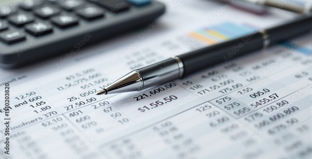 Poster close-up of a pen lying on financial documents with numerical data and charts, calculator in backgro