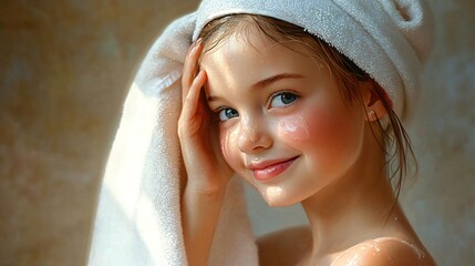 Cheerful Young Girl with Towel Smiling After Bath in Soft Natural Light