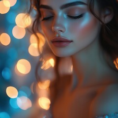 Portrait of a young woman with glowing skin and dreamy expression against bokeh lights