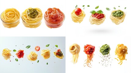 Four image collage showcasing various pasta dishes with pesto, tomato sauce, and basil; some are in bowls, others are levitating with ingredients, against white backgrounds