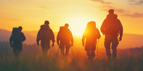 Military soldiers trekking together through grassy terrain at sunrise, hiking in rugged uniforms toward the bright horizon against a glowing orange sky