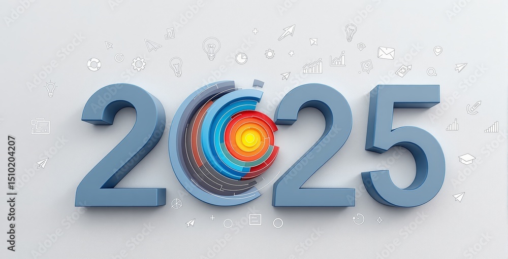 Poster blue 2025 numbers with colorful circular chart in zero, surrounded by business and technology icons,