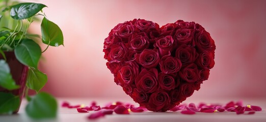 Heart-shaped arrangement of red roses with green plant in romantic setting