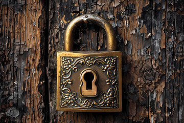 Antique Brass Lock on Rustic Wooden Wall Digital Illustration