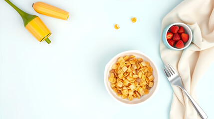 Healthy cornflakes and milk bowl flat lay with designated space for text