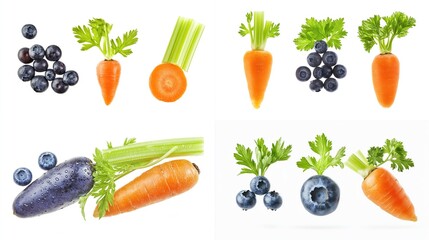 Small carrots, blueberries, and celery stalks, isolated on white