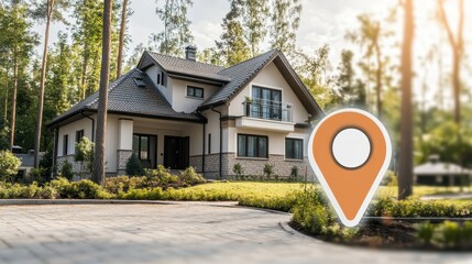 Luxury Home and Navigation: A modern, luxurious home nestled amidst a green, leafy environment, highlighted by a navigation icon. This photo epitomizes a dream home.