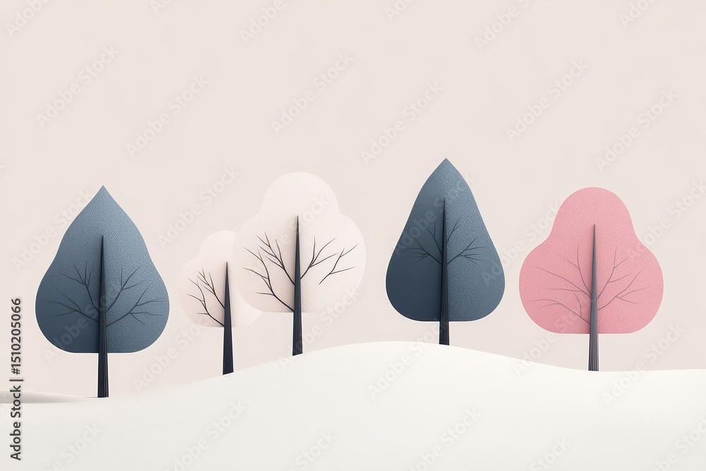 Poster stylized trees: a minimalist illustration of a row of uniquely styled trees, each with its own disti