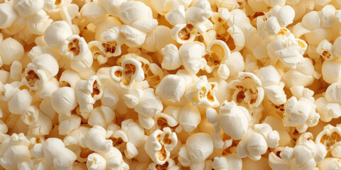 Close up of freshly popped fluffy white popcorn kernels filling the entire frame, showcasing crispy texture and light golden highlights