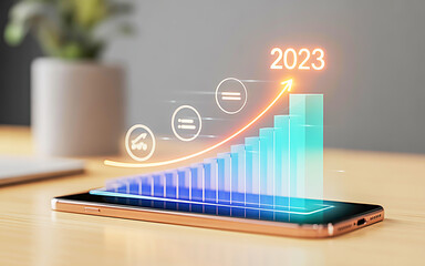 A sleek digital business analytics visualization with glowing blue and turquoise bars and a gold ‘2023’ trend line overlaid on a smartphone,