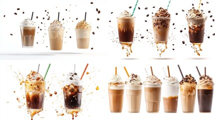 A vibrant collage showcasing various iced coffee drinks, each adorned with whipped cream, coffee beans, and straws, dynamically presented against a stark white backdrop, with some drinks exhibiting 