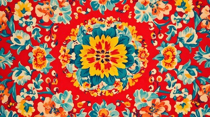 Vibrant Red Floral Textile Pattern Seamless Repeat Design