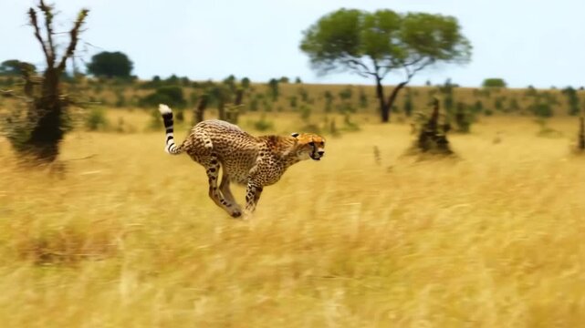 A cheetah running in the savanna