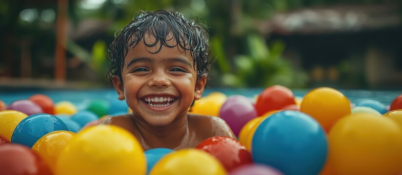 Happy child playing in colorful ball pit at poolside during summer fun