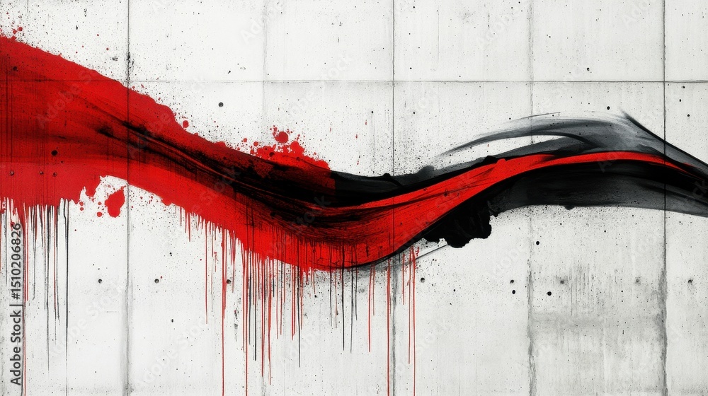 Poster dynamic strokes: bold, expressive strokes of red and black paint cascade across the canvas, creating