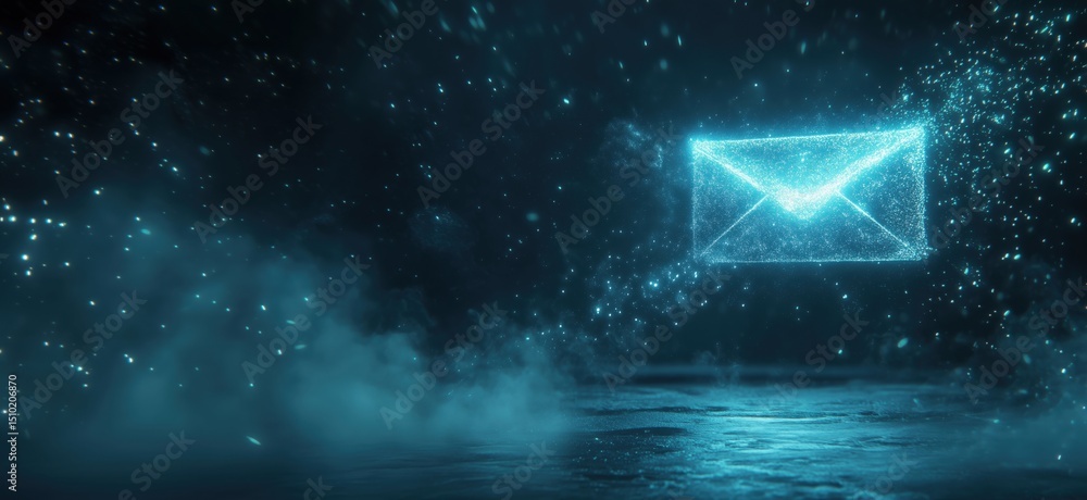 Poster glowing digital envelope symbolizing email communication in a futuristic setting