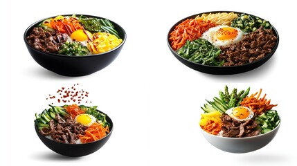 Four variations of vibrant Korean bibimbap bowls, showcasing diverse ingredients