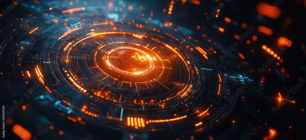 Poster Futuristic digital technology background with glowing circular patterns and data visualization