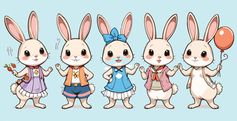 Cute cartoon bunny character set