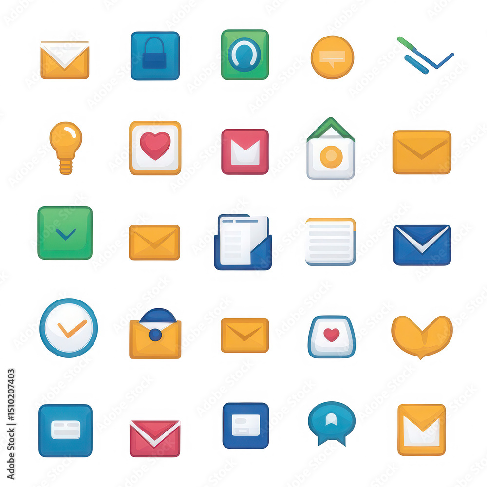 Poster set of colorful app icons with communication theme on transparent background