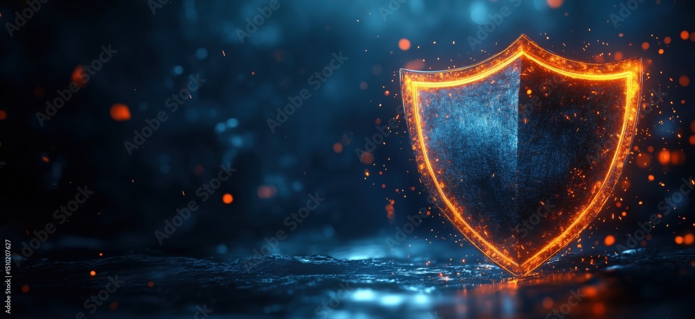 Poster glowing shield symbol representing protection and security in digital environment