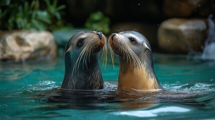 Fototapeta premium Sea lions couple looking curious while swimming in clear water, realistic and detailed.