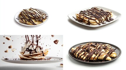 Four delectable images showcase thin pancakes drizzled with melted chocolate, some topped with whipped cream and chocolate shavings; dynamic action shot included
