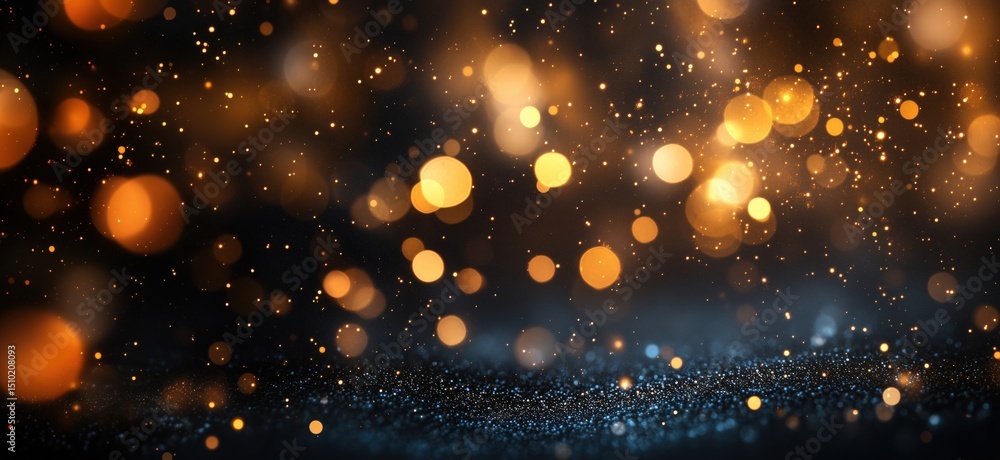 Poster golden and blue bokeh background with sparkling particles for festive atmosphere