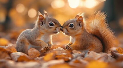 Two cute squirrels touching noses in autumn leaves, romantic forest moment, golden light.