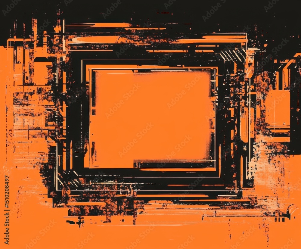 Poster technological structure: abstract geometric composition with a textured design, featuring a bold ora