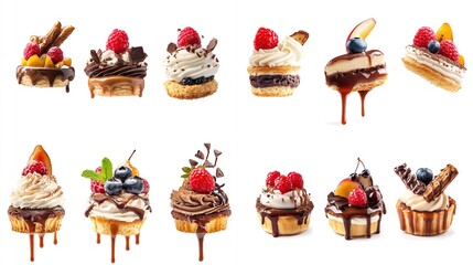 Twelve mini desserts, showcasing diverse fruit, chocolate, and cream toppings, drizzled with chocolate sauce, isolated on a white background.  