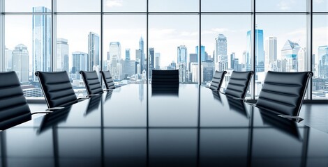 Empty corporate meeting room with leather chairs and glass table in modern office skyscraper, city skyline background, business strategy concept. Ai generative
