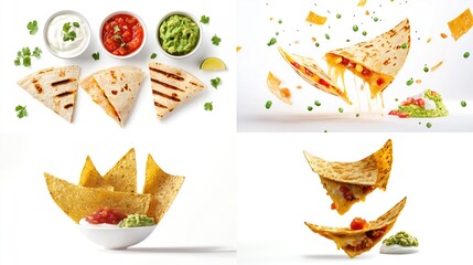 A four-panel image showcases various quesadillas, nachos, and accompanying dips like sour cream, salsa, and guacamole, some in mid-air, emphasizing cheesy 