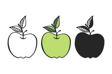 Apple icons set, outline and silhouette, hand drawn fruits, logo element design. Isolated on white background.