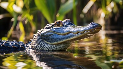 Fototapeta premium Mesmerizing American Alligator Gliding Through the Sunlit Waters of the Swamp