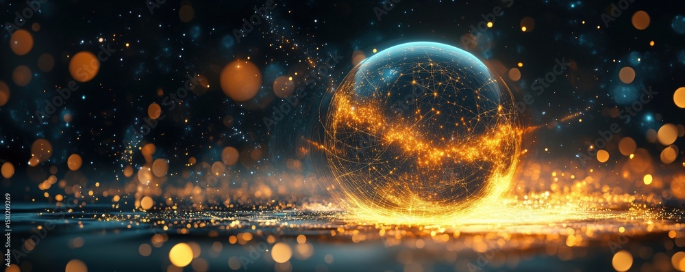 Poster glowing sphere with network connections and sparkling background effects
