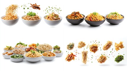 A vibrant collage showcasing diverse noodle dishes in white and dark bowls, with various ingredients like meat, vegetables, and seasonings artfully arranged 