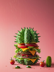 A creatively designed hamburger shaped like a cactus, combining fun food art with a touch of desert-inspired imagination.